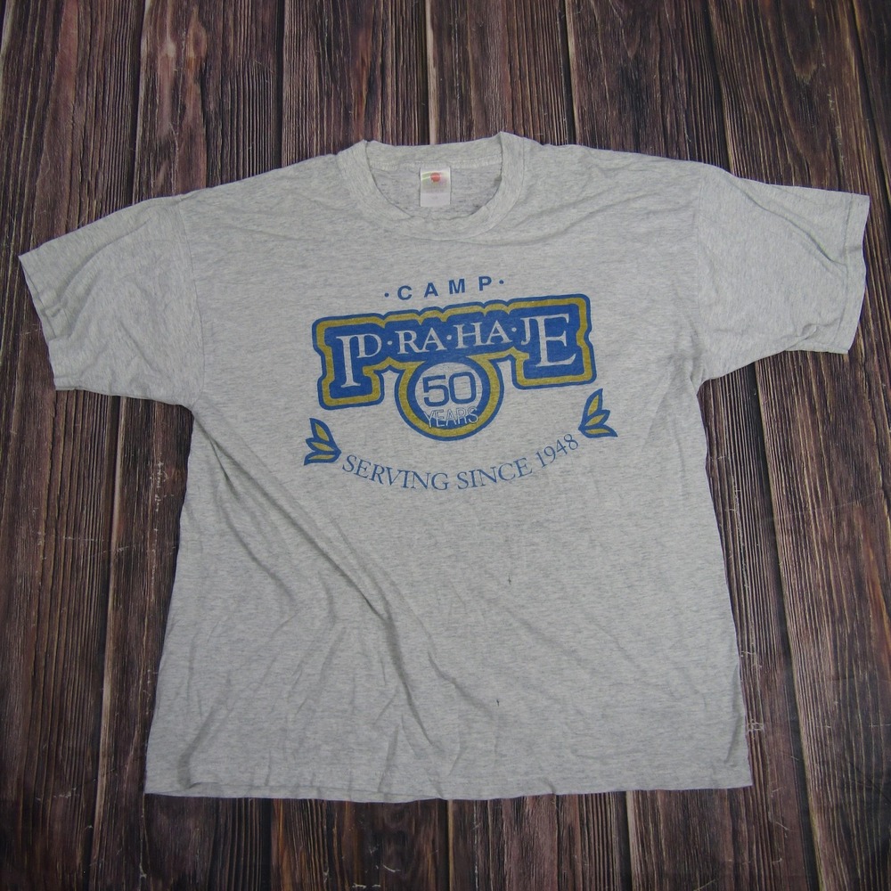 Vintage Camp Prahaje Shirt Mens Medium Gray 50 Years Serving Since 1948 Tee 90s